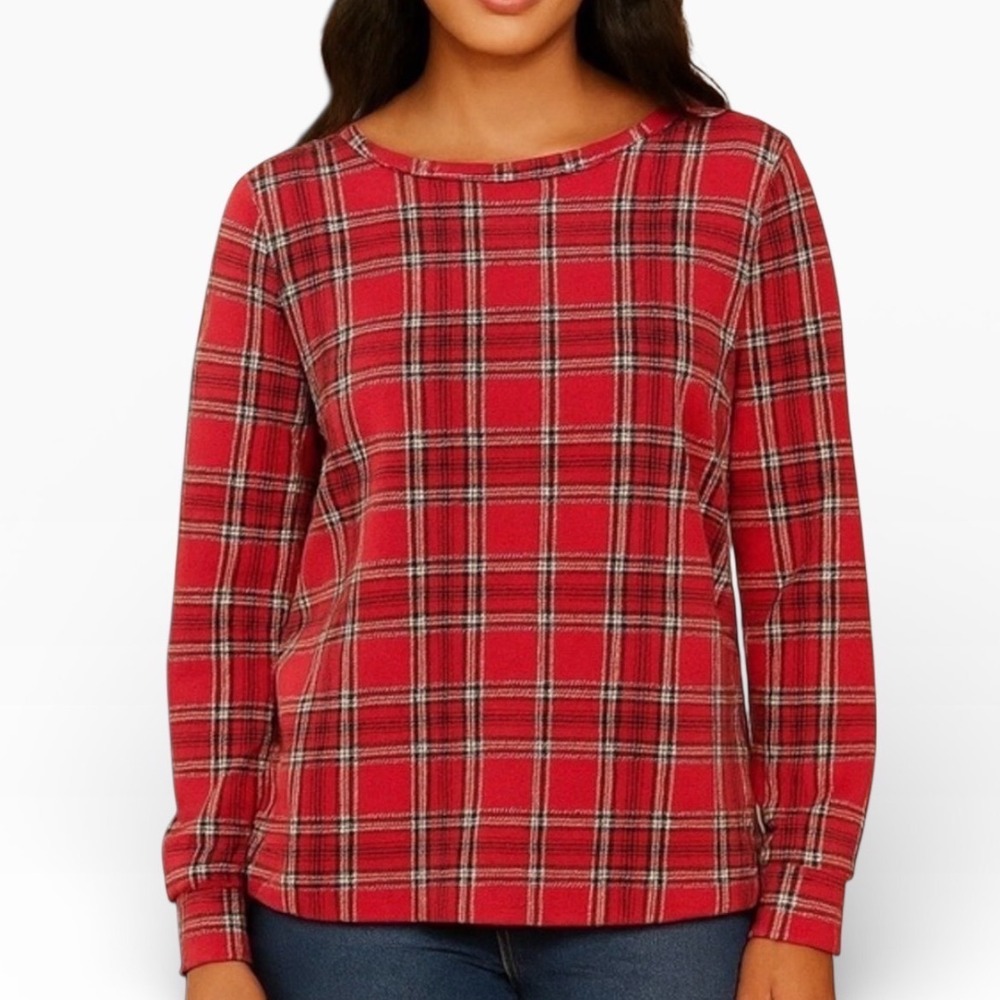 Loft Crew Neck Long Sleeve Holiday Party Christmas Plaid‎ Stretch Top Size XL